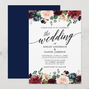 Moderne kalligrafie Burgundy Floral Blue Wedding Kaart