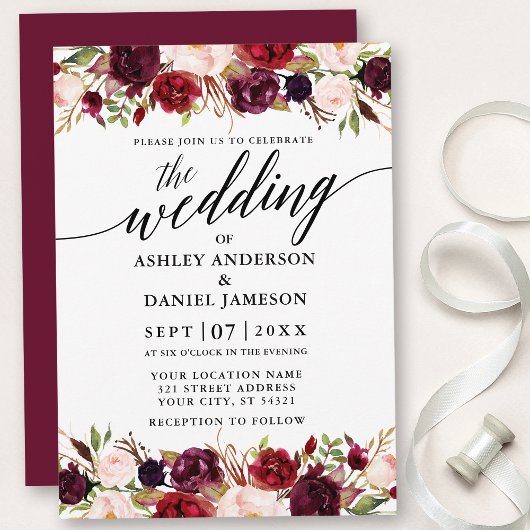 Moderne kalligrafie Burgundy Floral Elegant Weddin Kaart