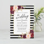 Moderne kalligrafie Burgundy Floral Striped Weddin Kaart (Staand voorkant)