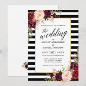 Moderne kalligrafie Burgundy Floral Striped Weddin Kaart (Voorkant / Achterkant)