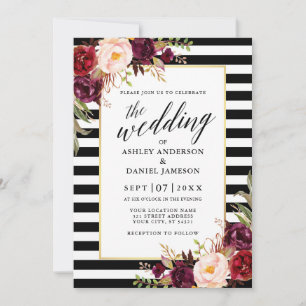 Moderne kalligrafie Burgundy Floral Striped Weddin Kaart
