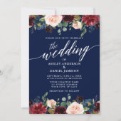 Moderne kalligrafie Burgundy Floral Wedding Blue Kaart (Voorkant)