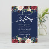 Moderne kalligrafie Burgundy Floral Wedding Blue Kaart (Staand voorkant)