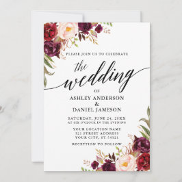 Moderne kalligrafie Burgundy Floral Wedding Kaart