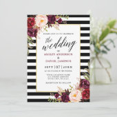 Moderne kalligrafie Burgundy Floral Wedding Stripe Kaart (Staand voorkant)