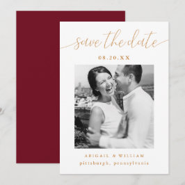 Moderne kalligrafie Burgundy Red Photo Wedding Save The Date