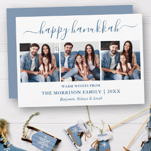 Moderne kalligrafie Dusty Blue Hanukkah 3 Foto Feestdagenkaart