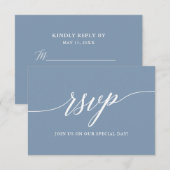 Moderne kalligrafie Dusty Blue RSVP Kaartje (Voorkant / Achterkant)