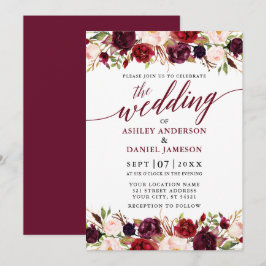 Moderne kalligrafie Elegant Burgundy Floral Weddin Kaart