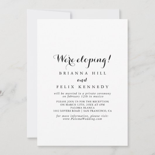 Moderne kalligrafie Elopement Reception Kaart (Voorkant)