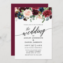 Moderne kalligrafie Floral Burgundy Blue Wedding