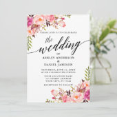Moderne kalligrafie Floral Pink Blush Wedding Kaart (Staand voorkant)