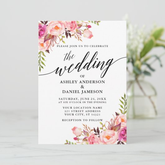 Moderne kalligrafie Floral Pink Blush Wedding Kaart (Staand voorkant)