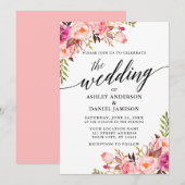Moderne kalligrafie Floral Pink Blush Wedding Kaart (Voorkant / Achterkant)