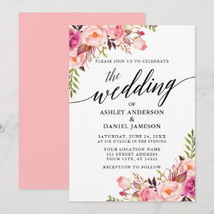 Moderne kalligrafie Floral Pink Blush Wedding Kaart