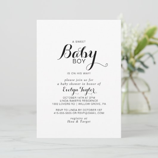 Moderne kalligrafie Formele babyjongen douche Kaart (Staand voorkant)