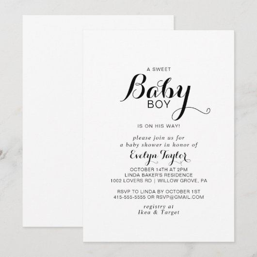 Moderne kalligrafie Formele babyjongen douche Kaart (Voorkant / Achterkant)