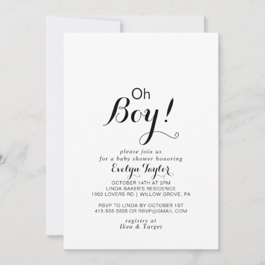 Moderne kalligrafie Formele Oh Boy Baby shower Kaart (Voorkant)