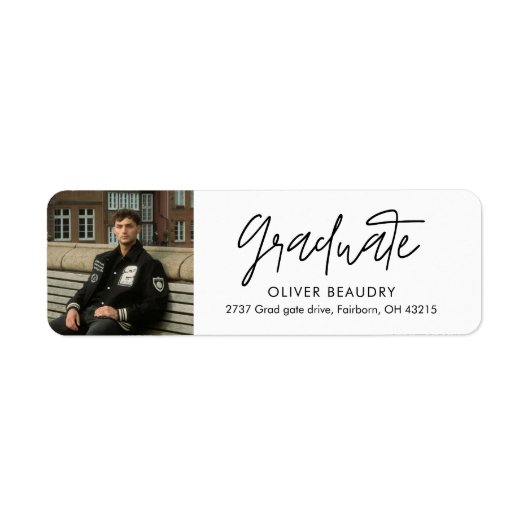 Moderne kalligrafie foto afstudeeradres etiket (Voorkant)