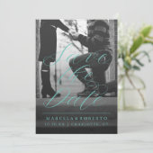 Moderne kalligrafie Foto Aqua Green Save The Date (Staand voorkant)
