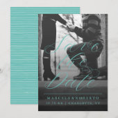 Moderne kalligrafie Foto Aqua Green Save The Date (Voorkant / Achterkant)