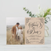 Moderne kalligrafie  foto Beige Save The Date (Staand voorkant)