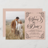 Moderne kalligrafie  foto Beige Save The Date (Voorkant / Achterkant)