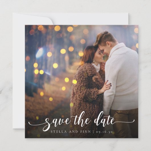 Moderne kalligrafie foto bruiloft save the date (Voorkant)