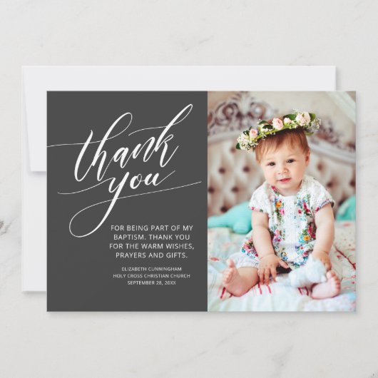 Moderne kalligrafie foto doop dank u bedankkaart (Voorkant)