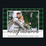 Moderne kalligrafie foto groen geruite kerst feestdagenkaart<br><div class="desc">Moderne kalligrafie Script Groen Plaid Paar Foto Kerst Kaart</div>
