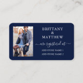 Moderne kalligrafie foto huwelijksregister blauw informatiekaartje (Voorkant)