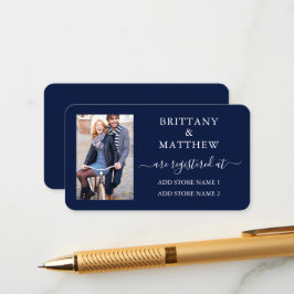 Moderne kalligrafie foto huwelijksregister blauw informatiekaartje