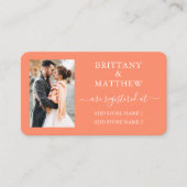 Moderne kalligrafie foto huwelijksregister koraal informatiekaartje (Voorkant)