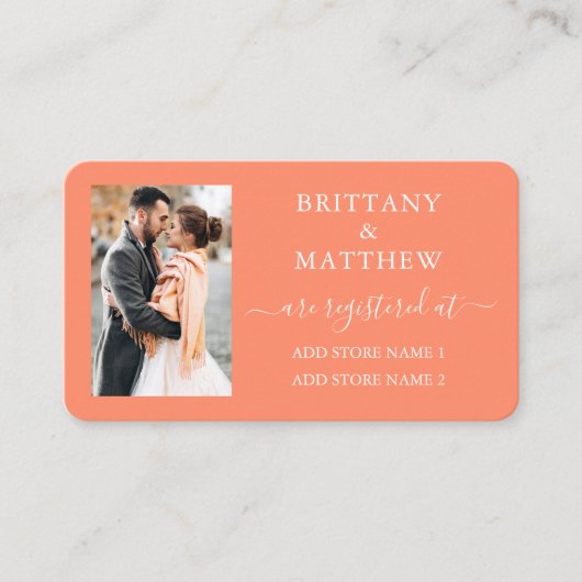 Moderne kalligrafie foto huwelijksregister koraal informatiekaartje (Voorkant)