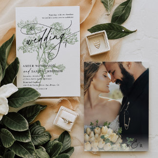 Moderne Kalligrafie Foto Sage Groene Bloemen Huwel Kaart
