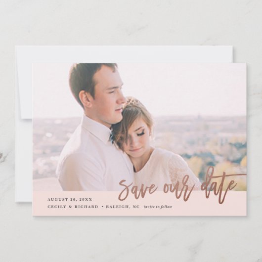 Moderne kalligrafie foto save the date (Voorkant)