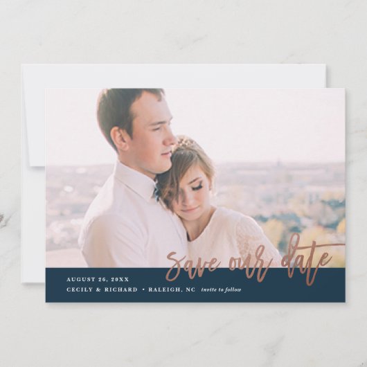 Moderne kalligrafie foto save the date (Voorkant)
