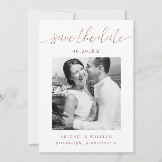 Moderne kalligrafie Foto Terracotta Wedding Save The Date (Voorkant)
