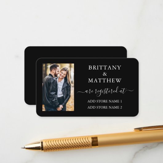 Moderne kalligrafie foto trouwregister zwart informatiekaartje (Voorkant / Achterkant in situ)