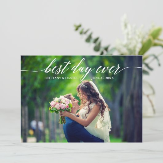 Moderne kalligrafie Foto van beste dag op bruiloft Bedankkaart (Staand voorkant)