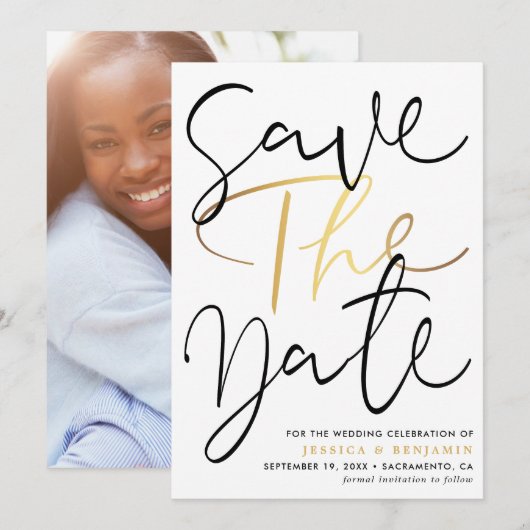 Moderne kalligrafie Fotobruiloft Save The Date (Voorkant / Achterkant)