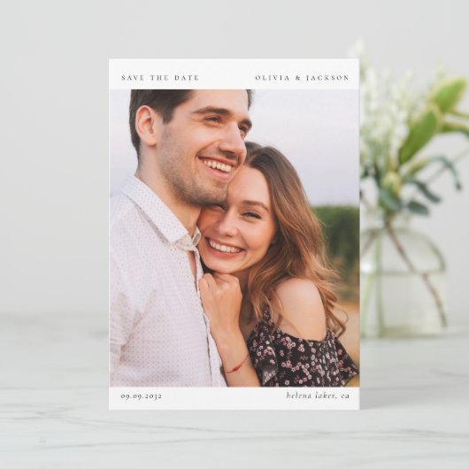 Moderne kalligrafie Fotobruiloft Save The Date (Staand voorkant)