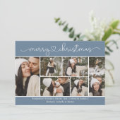 Moderne kalligrafie Fotocollage Blauwe Kerstmis Kaart (Staand voorkant)