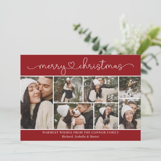 Moderne kalligrafie fotocollage rode kerst kaart (Staand voorkant)
