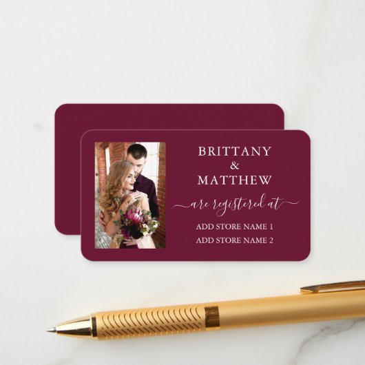 Moderne kalligrafie Fotoweddenschap Burgundy Informatiekaartje (Voorkant / Achterkant in situ)