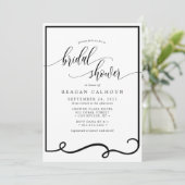 Moderne kalligrafie frame zwart wit bruidsdouche kaart (Staand voorkant)
