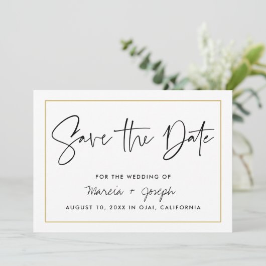Moderne kalligrafie Gold Border Save The Date (Staand voorkant)