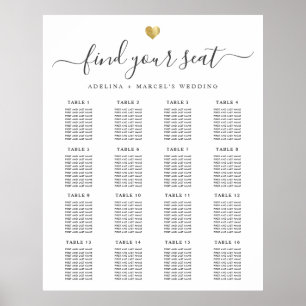 Moderne kalligrafie Gold Heart Wedding Seating Cha Poster
