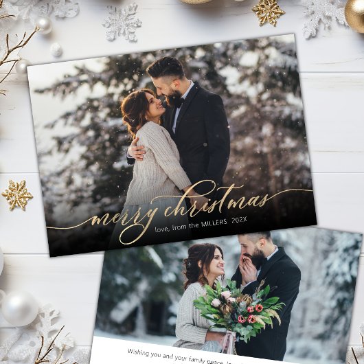 Moderne kalligrafie gouden script 2 foto kerst feestdagenkaart