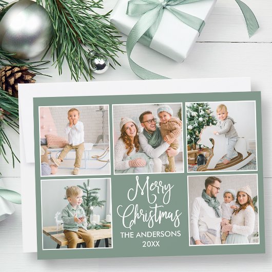 Moderne kalligrafie Green 5-fotokerst Feestdagenkaart